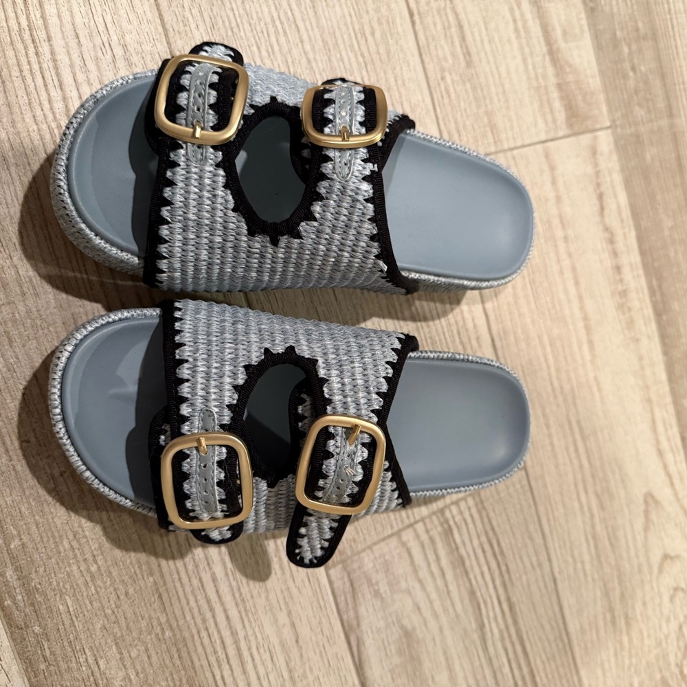 Stylish Gray and Black Slide Sandals with Gold Buckles
